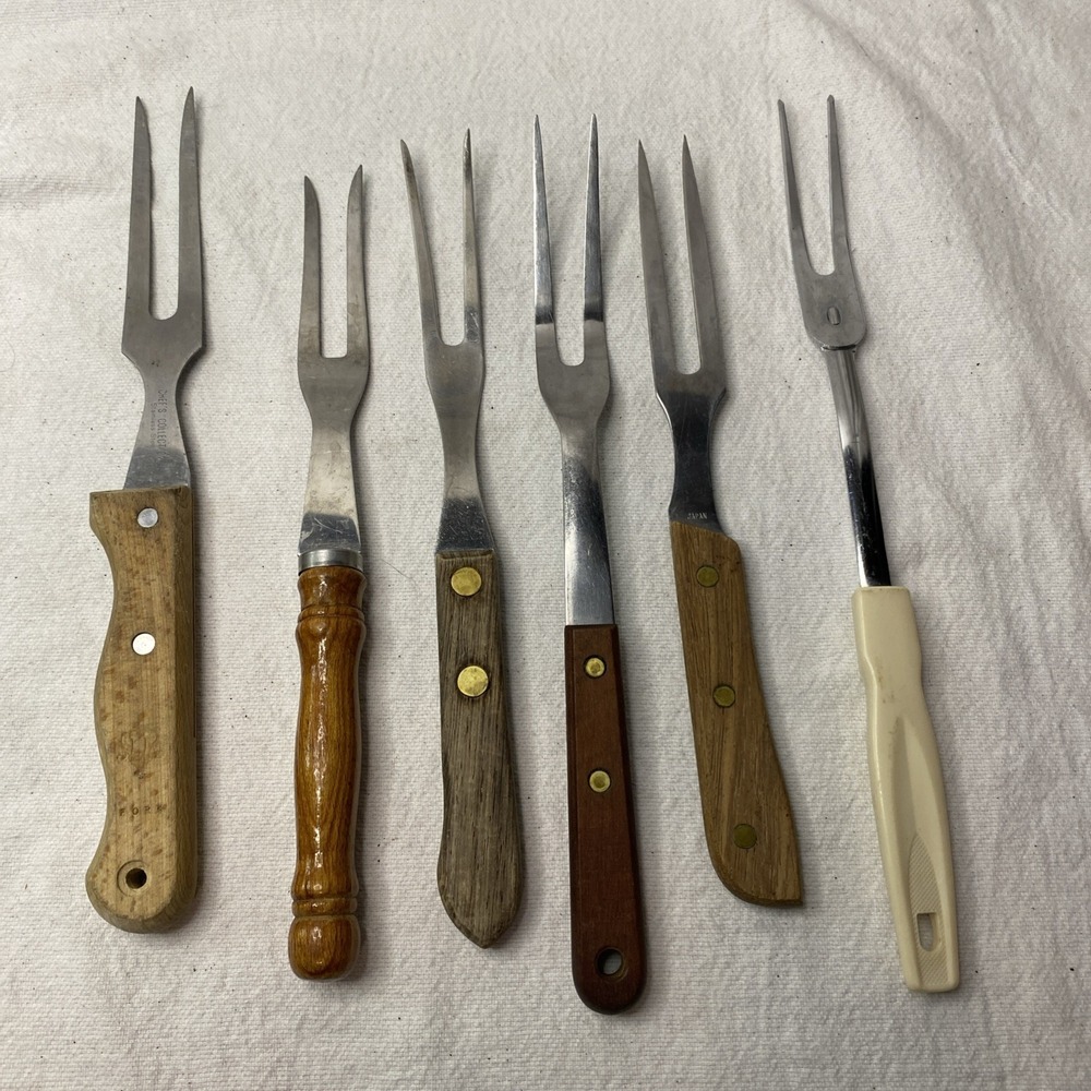 Lot Of 6 Vintage Meat Forks Japan Taiwan Stainless Steel Wooden Handle